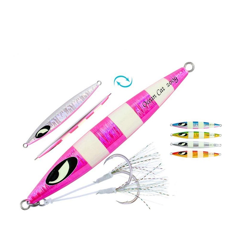 OCEAN CAT Slow Pitch Jig Flat Fall Jigs Saltwater Fishing Jig Vertical Baits with Glow Jig Hooks 60g/80g/150g/200g/250g 240lb (#010: Pink, 200g) - Image 1